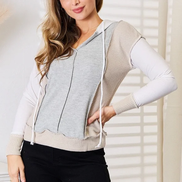 NEW**-Double Take Color Block Exposed Seam Drawstring Hoodie OFFERS WELCOME - Picture 7 of 9